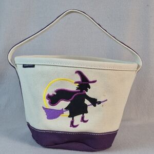 Lands' End Witch Embroidered Canvas Tote Bag Medium Purple White Halloween